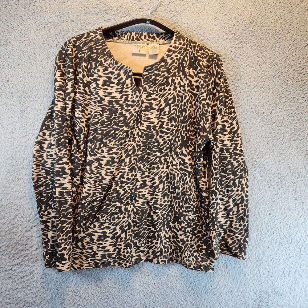Mountain Lake Blouse Top Women XL Brown Leopard Print Cotton Split Neck Pullover